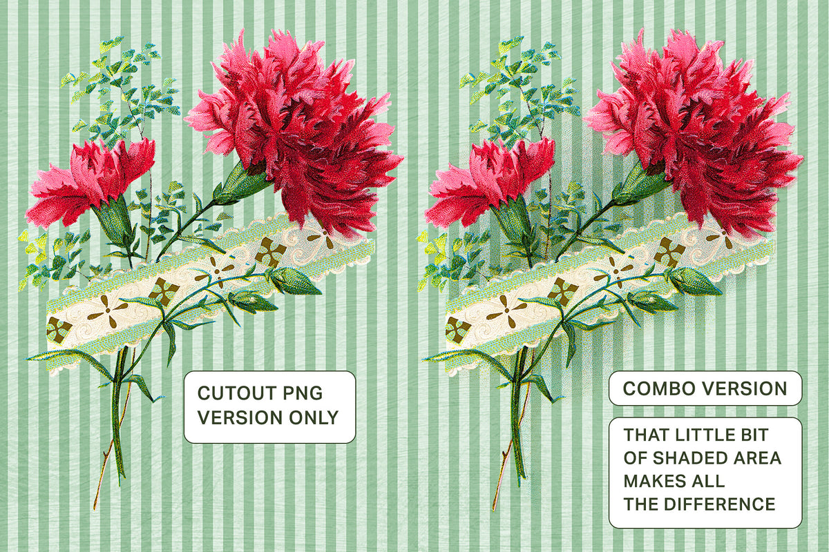 Showing how using both JPEG and PNG files of a carnation vintage illustration together adds more depth.