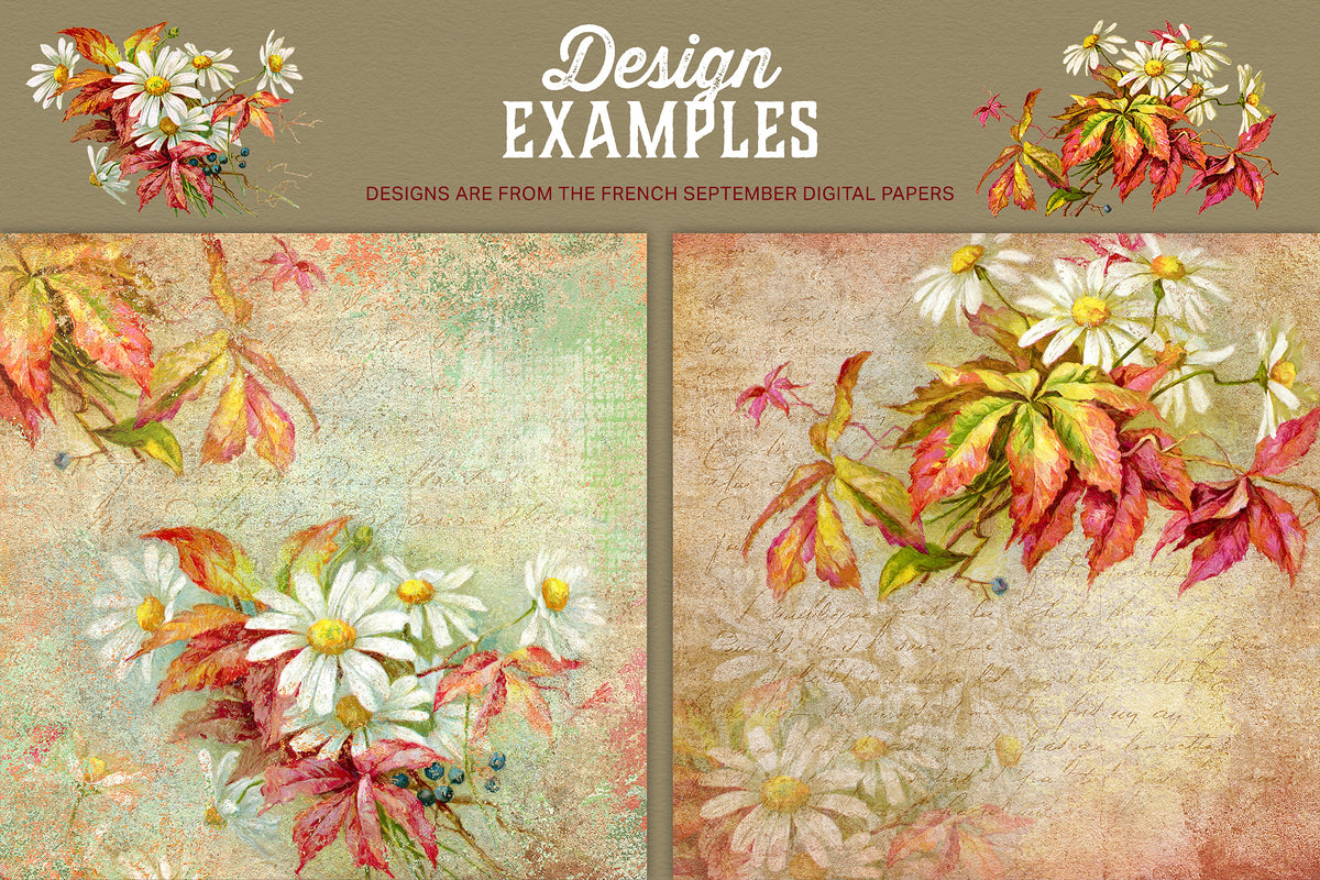 Catharina Klein daisies and creeper vintage illustrations used in digital paper designs.