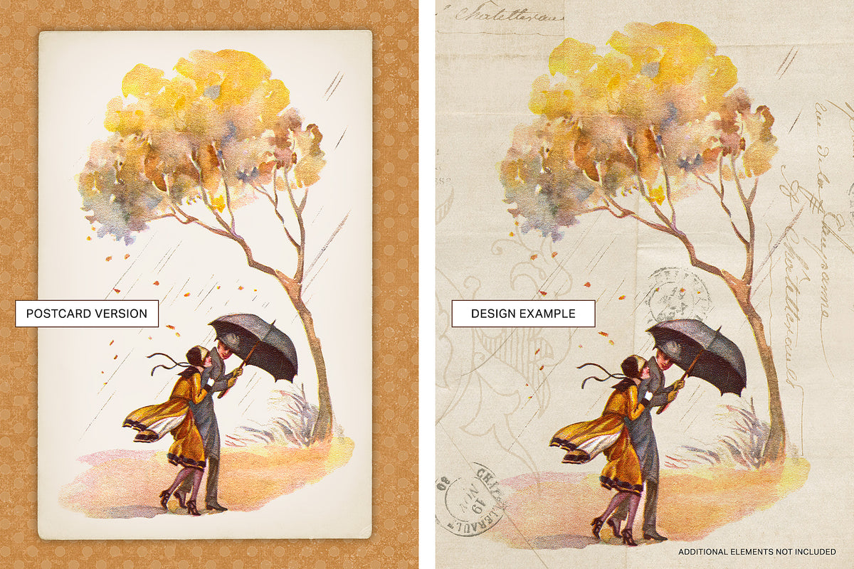 Bompard vintage postcard illustration of a couple walking under an umbrella in wind and rain.