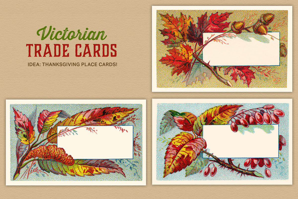 Three Victorian trade card with autumn leaves on a beige background digital graphics.