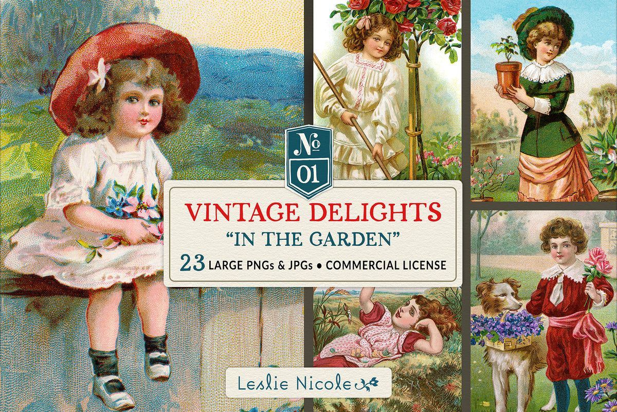 Vintage Delights In the Garden collection featuring 23 restored vintage illustrations of children, flowers, birds, butterflies and charming garden scenes.