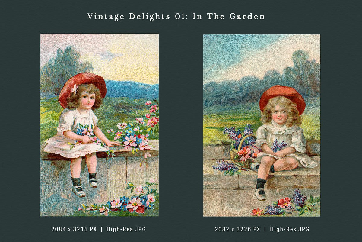 Two restored vintage illustrations of young girls in red hats sitting outdoors with colorful garden flowers, from the Vintage Delights In the Garden collection.