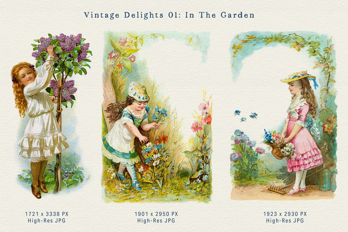 Three restored vintage garden illustrations featuring girls gathering lilacs and picking flowers, with colorful blossoms and charming botanical details.