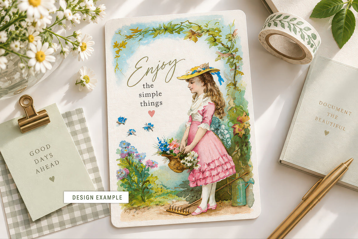Restored vintage digital illustration of a girl with a flower basket, used in a Project Life journaling card design with the phrase “Enjoy the Simple Things."