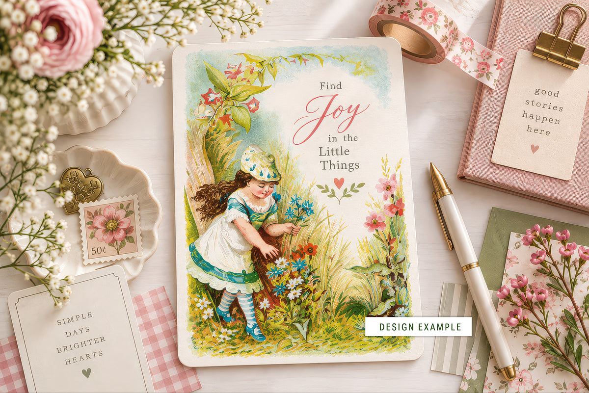 Restored vintage digital illustration of a girl gathering wildflowers, used in a Project Life journaling card design with the phrase “Find Joy in the Little Things.
