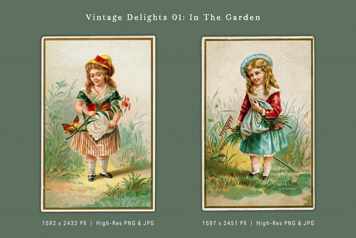 Two restored vintage digital illustrations of young girls gardening and gathering flowers, shown in their original decorative postcard formats from the Vintage Delights In the Garden collection.