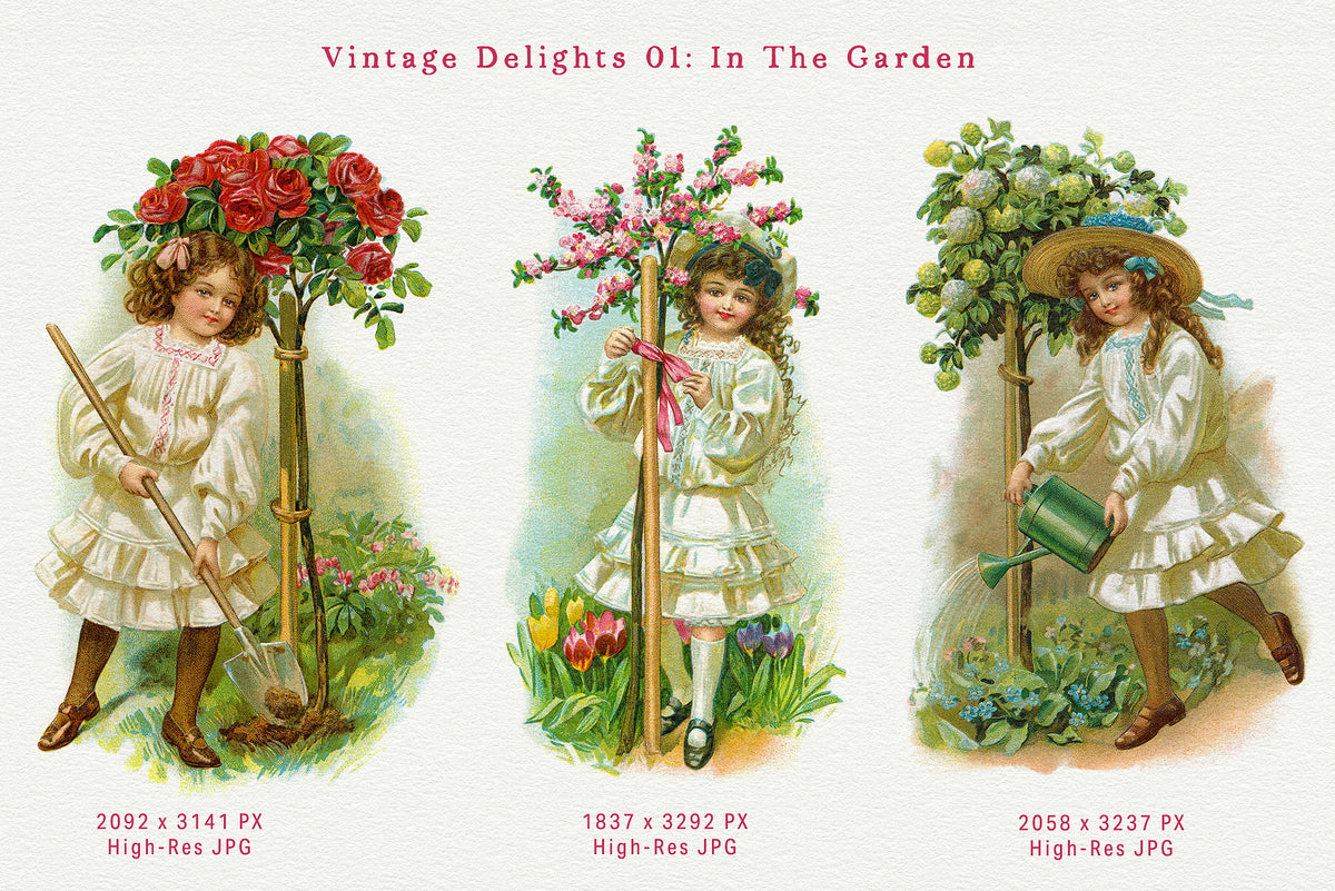 Three restored vintage digital illustrations of girls gardening among roses, flowering trees and colorful spring flowers, from the Vintage Delights In the Garden collection.