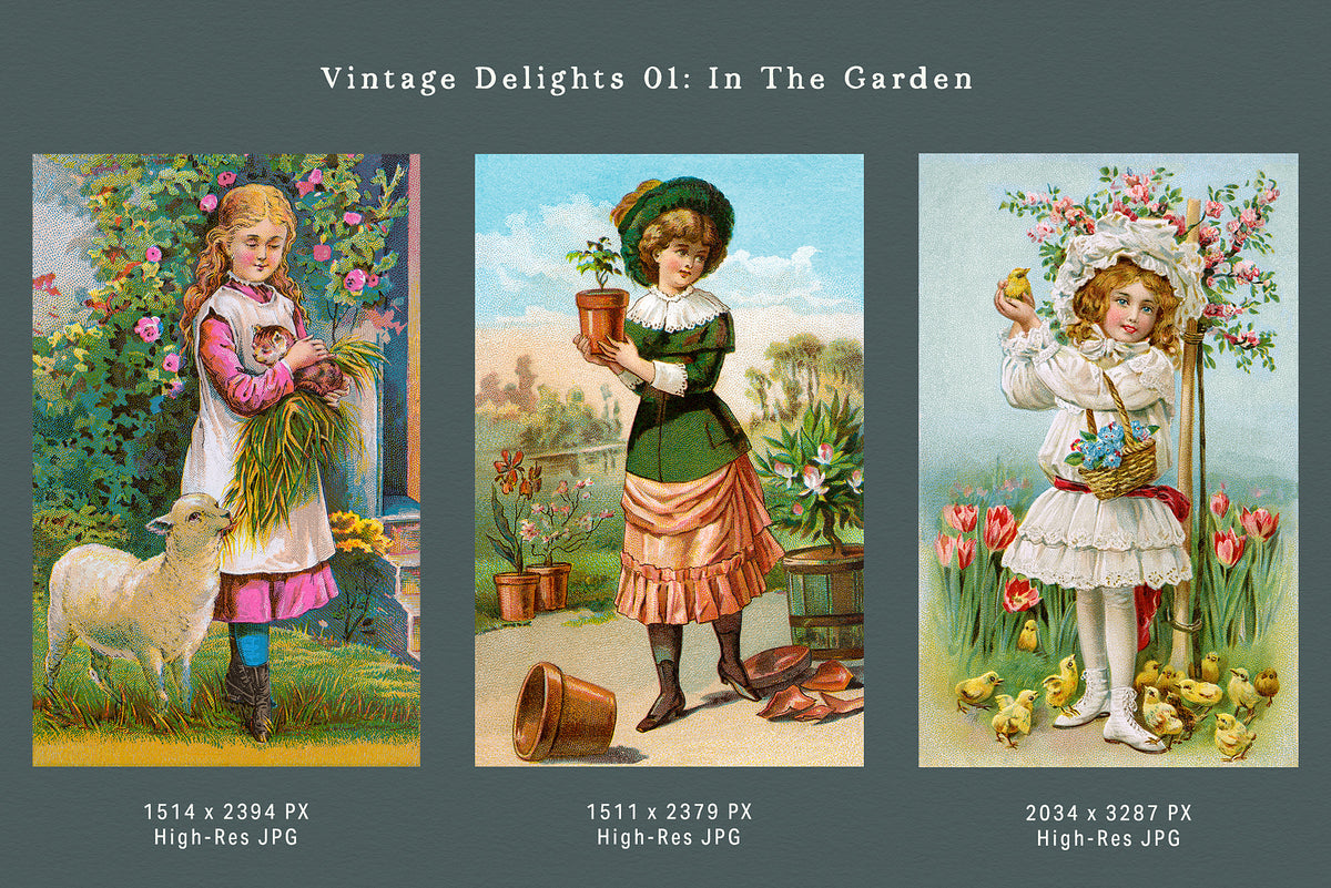 Three restored vintage digital illustrations of girls enjoying garden scenes with flowers, a lamb, kitten, potted plant, bird and baby chicks, from the Vintage Delights In the Garden collection.