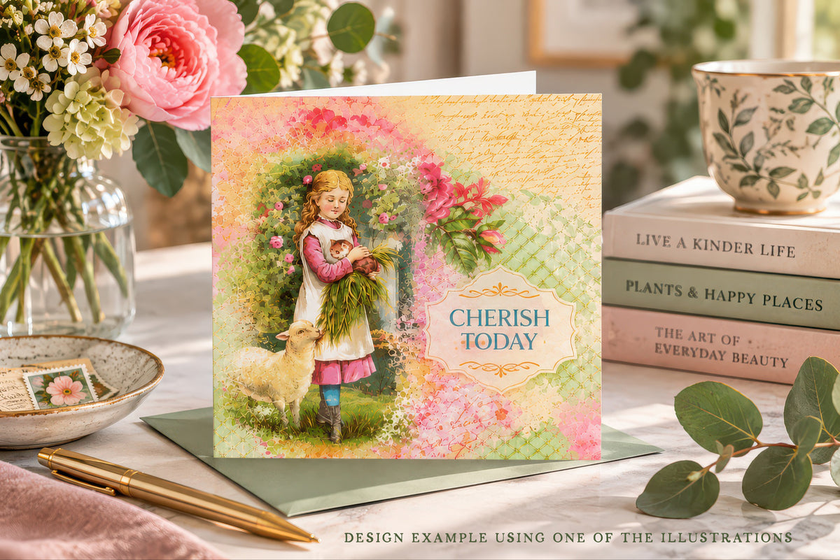 Greeting card design example using a restored vintage digital illustration of a girl with a kitten and lamb in a colorful floral garden collage, with the message “Cherish Today.”