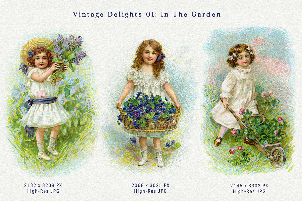 Three restored vintage digital illustrations of girls with lilacs, violets and flowering plants, including a child pushing a flower-filled wheelbarrow, from the Vintage Delights In the Garden collection.
