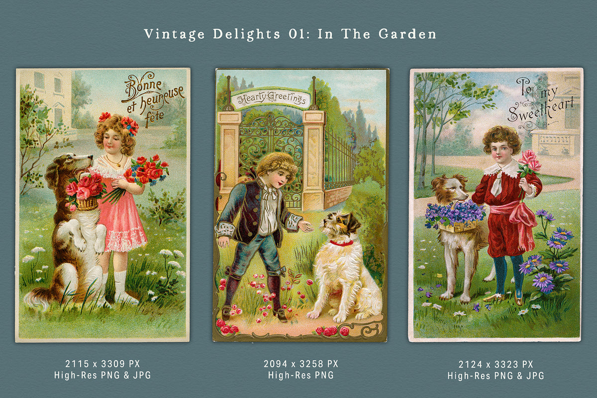 Three restored vintage digital illustrations from the In the Garden collection featuring children with dogs, flowers, and garden scenes, shown as high-resolution PNG and JPG graphics.