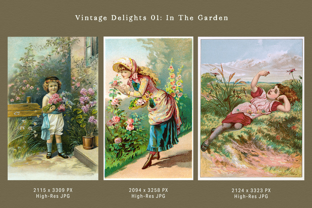 Three restored vintage digital illustrations from the In the Garden collection featuring children and women with flowers in romantic garden and countryside scenes, shown as high-resolution JPG graphics.