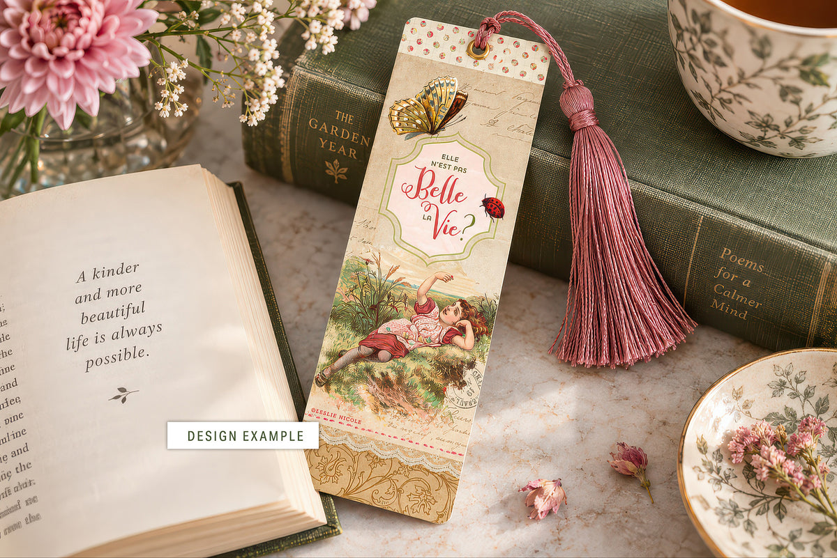 Design example featuring a restored vintage digital illustration from the In the Garden collection, transformed into a decorative French-inspired bookmark with a pink tassel, styled beside books and flowers.