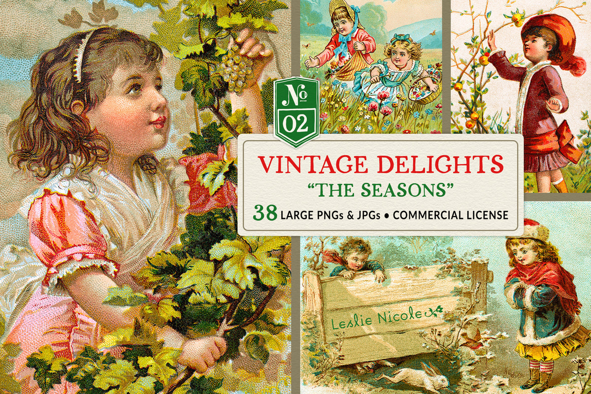 Vintage Delights The Seasons digital vintage illustration collection featuring Victorian children in colorful spring, summer, fall and winter scenes, with 38 PNG and JPEG design elements.