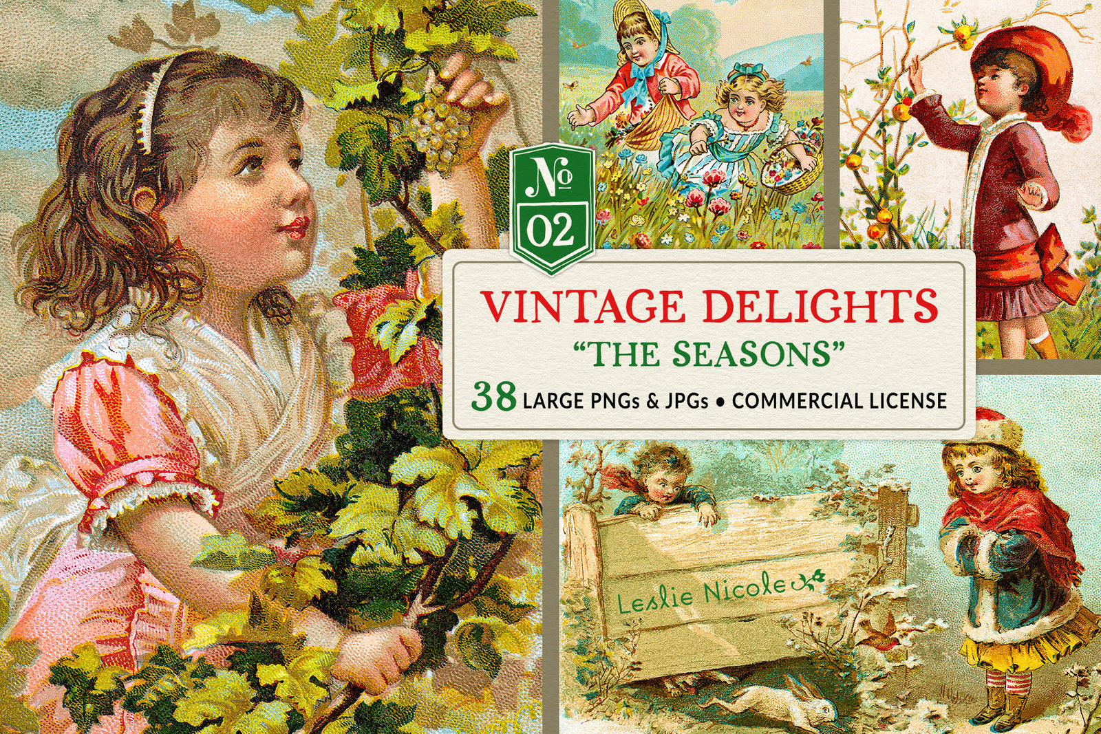 Vintage Delights The Seasons digital vintage illustration collection featuring Victorian children in colorful spring, summer, fall and winter scenes, with 38 PNG and JPEG design elements.