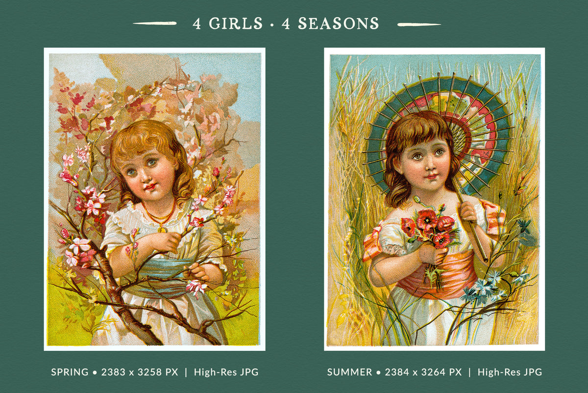 Two high-resolution vintage JPEG illustrations from 4 Girls 4 Seasons, featuring a girl among spring blossoms and a summer girl holding flowers beneath a colorful parasol.
