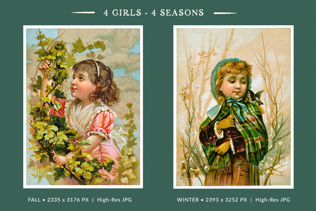 Two high-resolution vintage JPEG illustrations from 4 Girls 4 Seasons, featuring an autumn girl gathering grapes and a warmly dressed winter girl with a small bird perched on her shoulder.