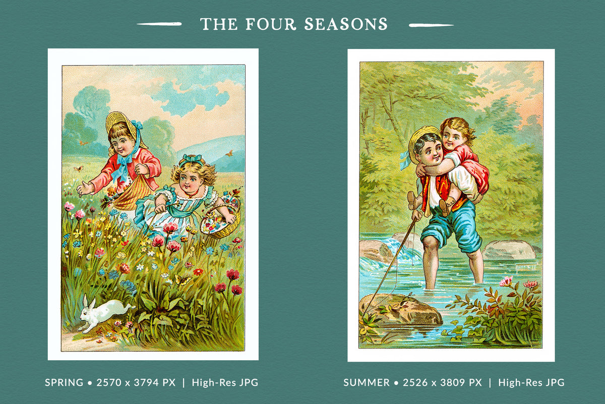Two high-resolution vintage JPEG illustrations of the four seasons, showing children gathering flowers in a spring meadow and a boy carrying a girl across a stream in summer.