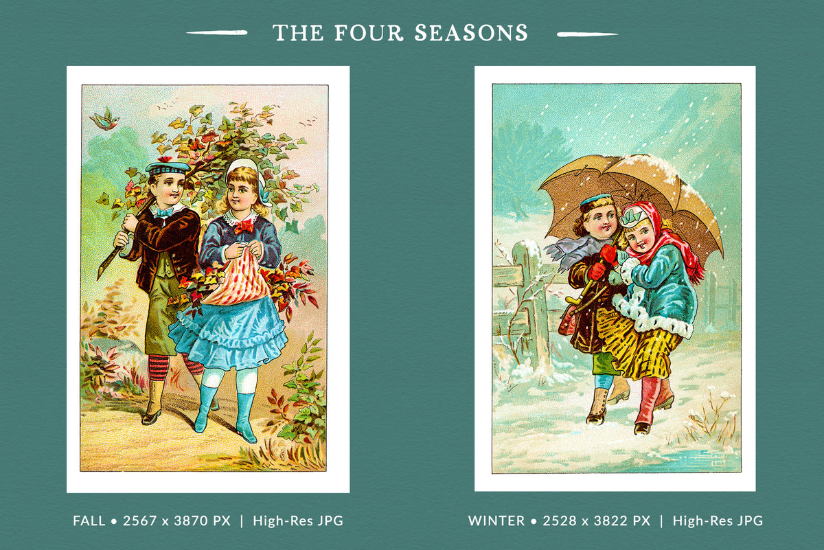 Two high-resolution vintage JPEG illustrations of the four seasons, showing a young couple walking among autumn leaves and a warmly dressed couple sharing an umbrella in a snowy winter scene.