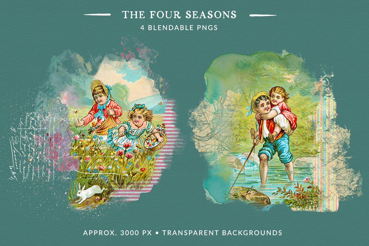 Two seasonal Blendable PNG graphics featuring vintage children gathering spring flowers with a white rabbit, and a man carrying a little girl across a summer stream, layered with maps, handwriting, paint textures and collage details on transparent backgrounds.