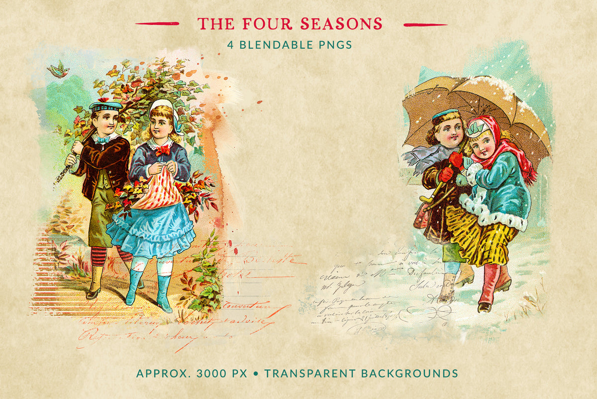 Two autumn and winter Blendable PNG graphics from The Four Seasons, featuring a young couple among colorful fall leaves and a couple sharing an umbrella in the snow, with handwriting, paint textures and transparent backgrounds.