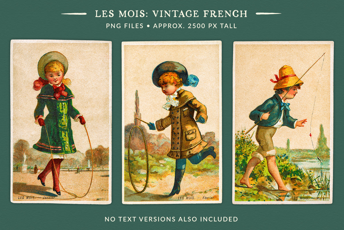 Three Les Mois vintage French PNG illustrations for January, February and March, featuring children skipping rope, playing with a hoop and fishing. No-text versions are also included.