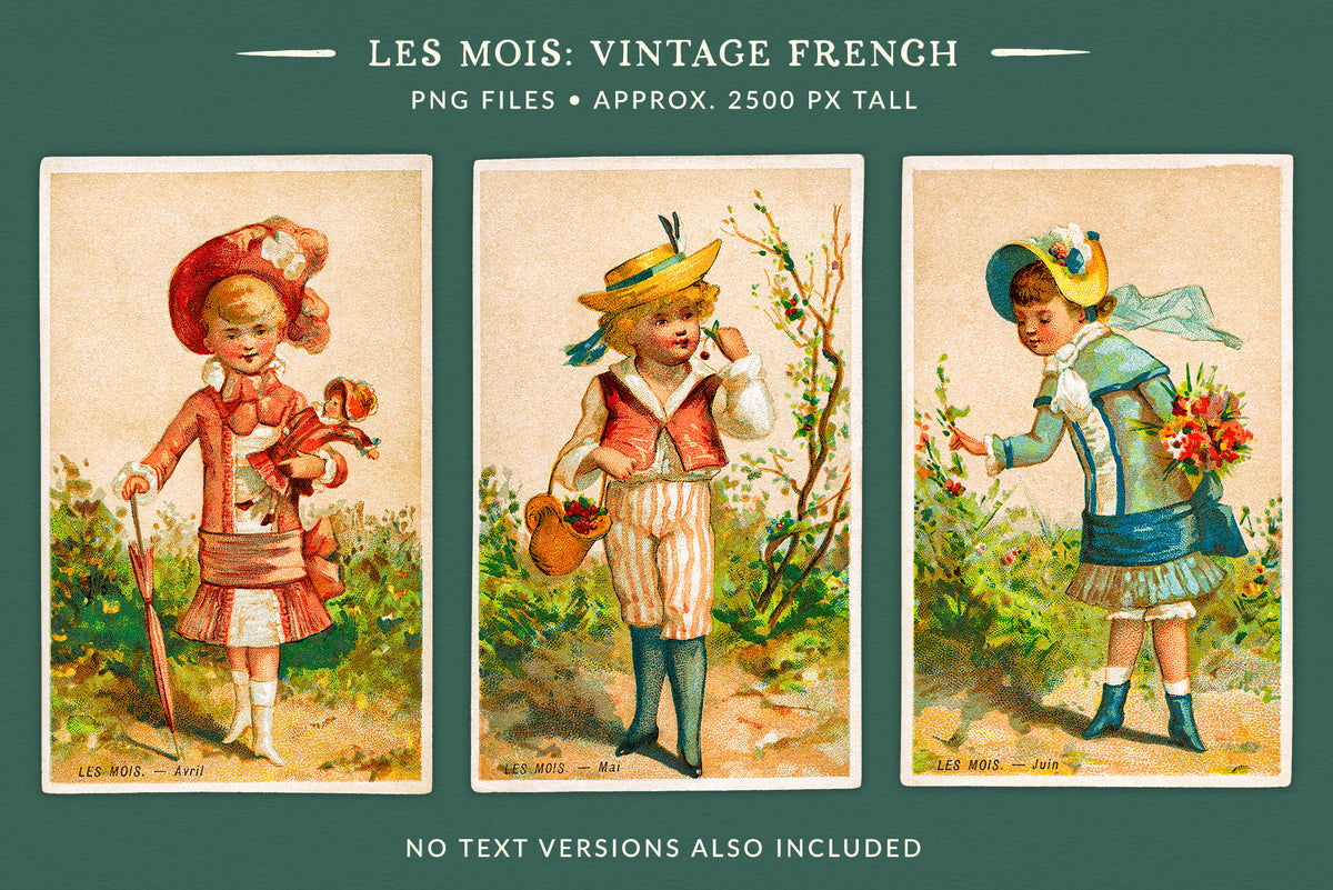 Three Les Mois vintage French PNG illustrations for April, May and June, featuring children outdoors with an umbrella, gathering fruit and picking flowers. No-text versions are also included.