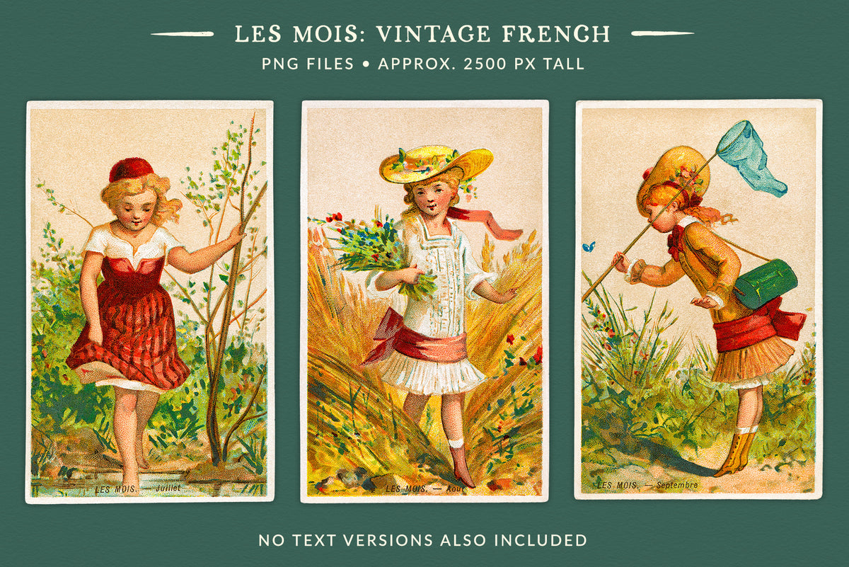 Three Les Mois vintage French PNG illustrations for July, August and September, featuring girls outdoors by a stream, gathering wheat and carrying a butterfly net. No-text versions are also included.