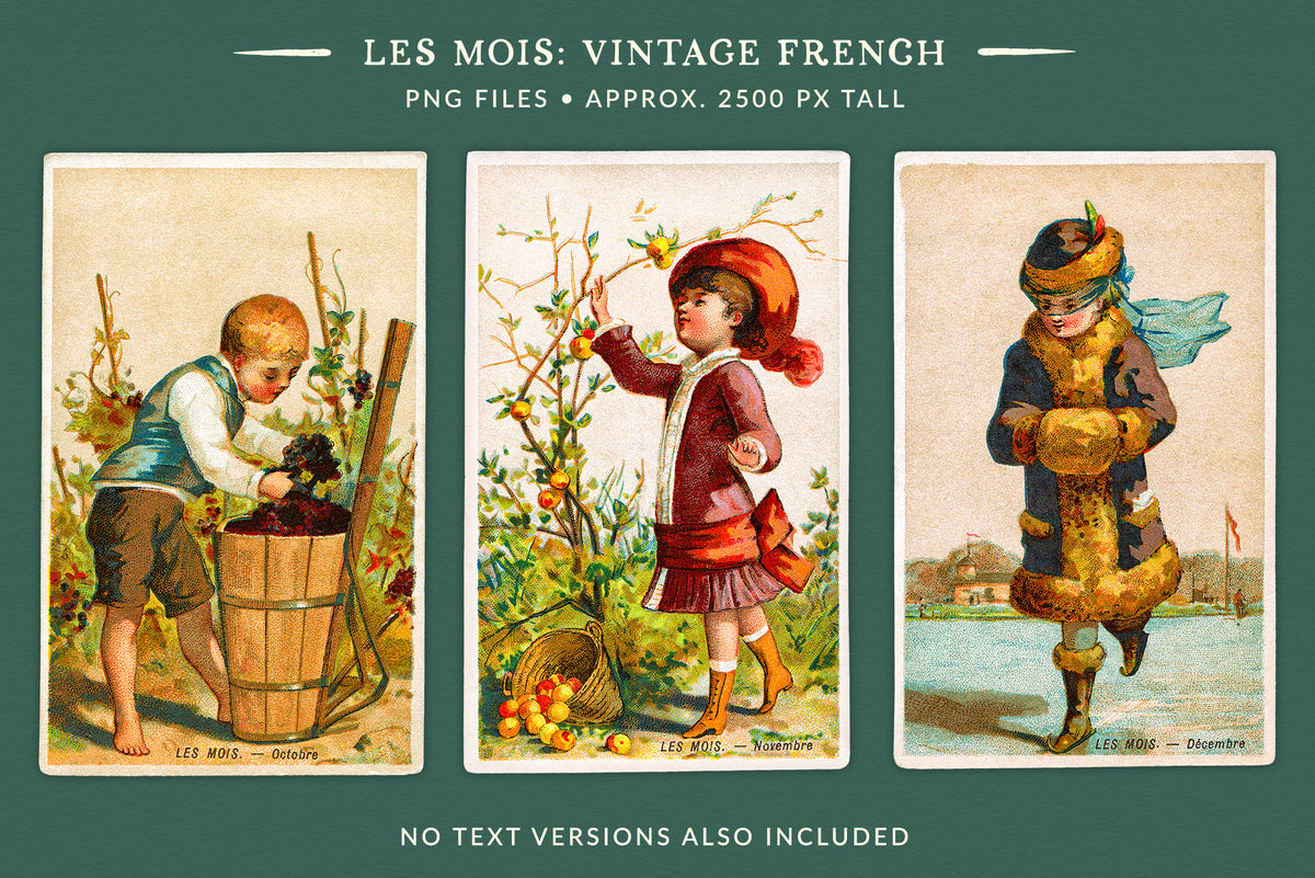 Three Les Mois vintage French PNG illustrations for October, November and December, featuring children harvesting grapes, picking apples and ice skating in winter. No-text versions are also included.
