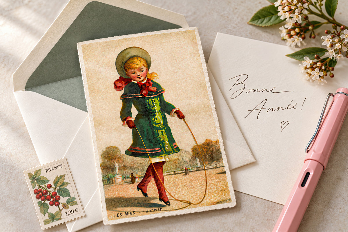 Vintage French January illustration used as a handmade greeting card, featuring a child skipping rope beside an envelope, French postage stamp, flowers and a handwritten “Bonne Année” note.