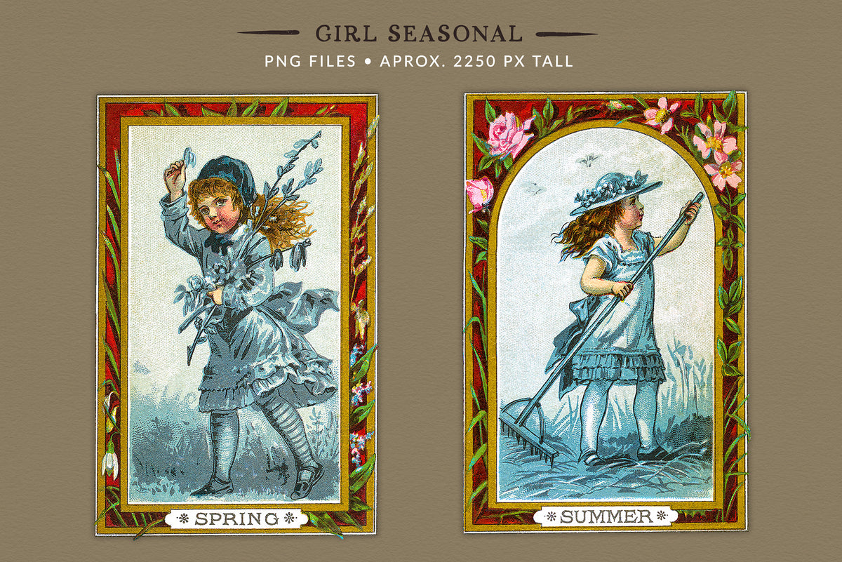 Two vintage seasonal PNG illustrations featuring girls in spring and summer outdoor scenes, each surrounded by an ornate floral frame with a seasonal title.