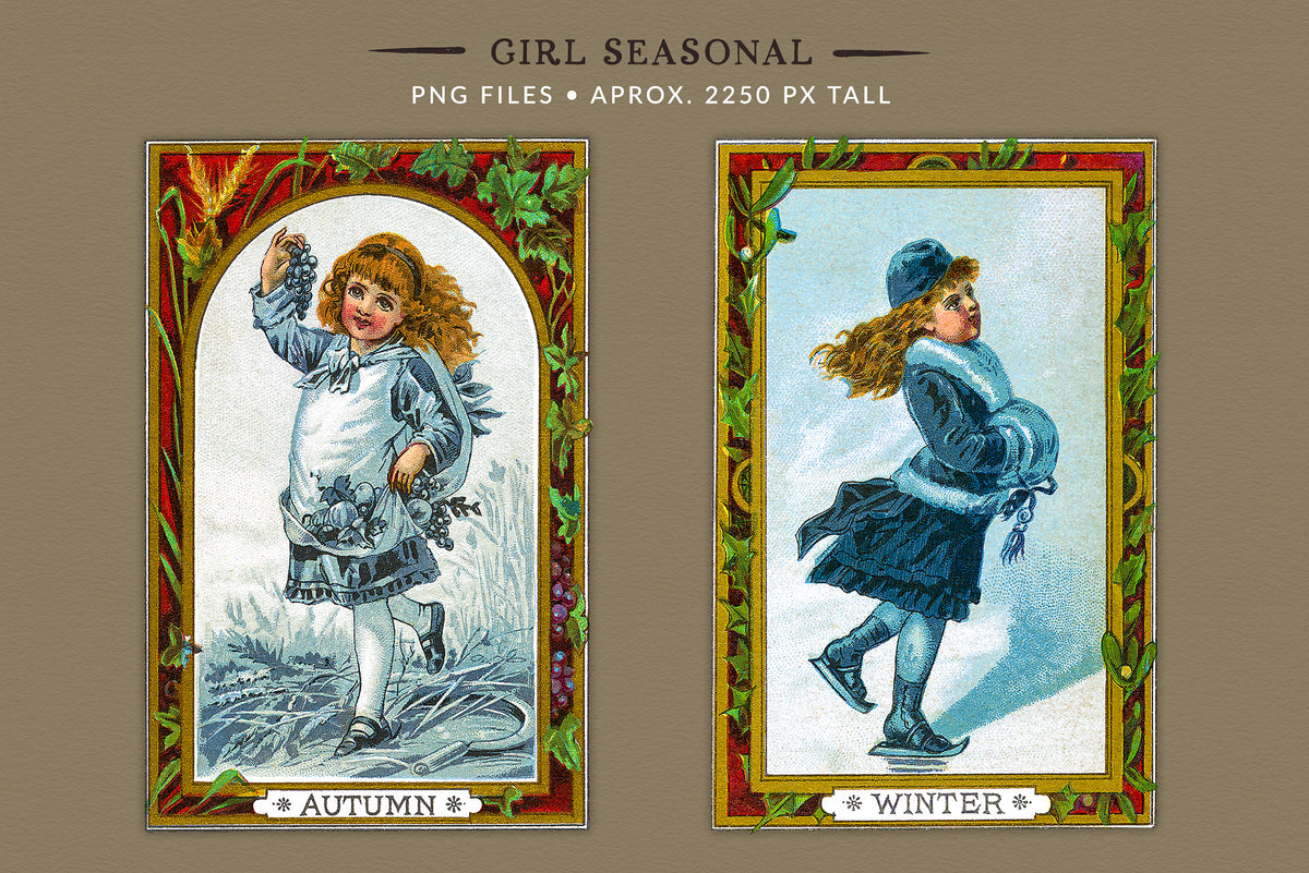 Two vintage seasonal PNG illustrations featuring an autumn girl gathering grapes and a winter girl ice skating, each surrounded by an ornate botanical frame with a seasonal title.