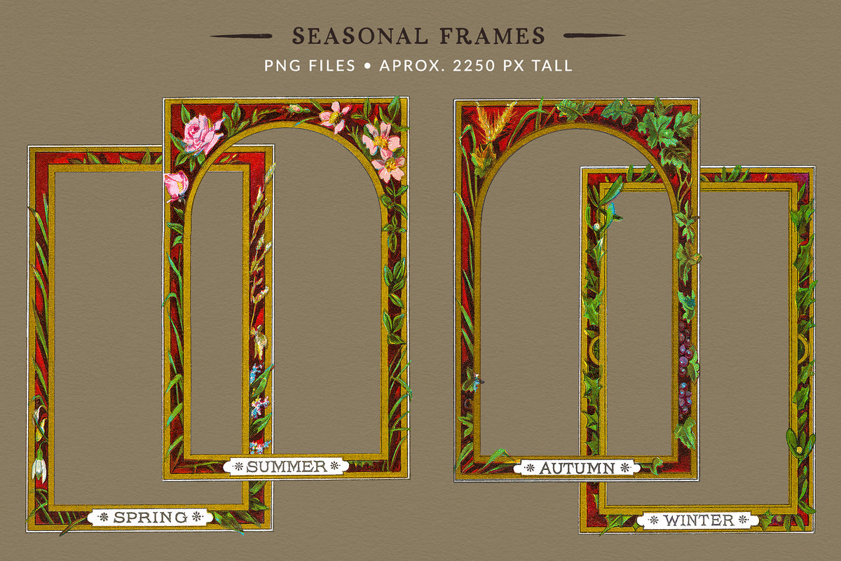 A digital preview sheet showing four decorative floral arch frames labeled Summer, Autumn, Spring, and Winter, with text at the top reading 'Seasonal Frames' and 'PNG FILES • APROX. 2250 PX TALL' on a taupe background.