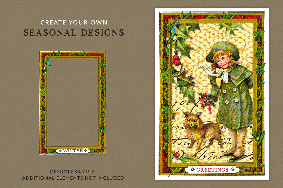 Design example showing a vintage winter PNG frame used with a Victorian girl, small dog, holly and layered paper textures to create a seasonal greeting card; additional design elements not included.