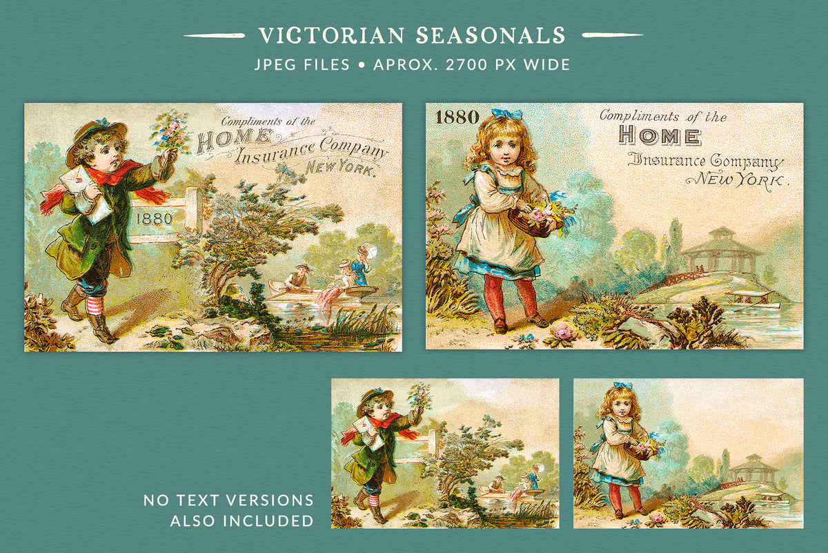 Alt text:
Vintage Victorian seasonal digital illustrations featuring children in outdoor scenes, with original 1880 Home Insurance Company advertising text; high-resolution JPEG files with no-text versions also included.