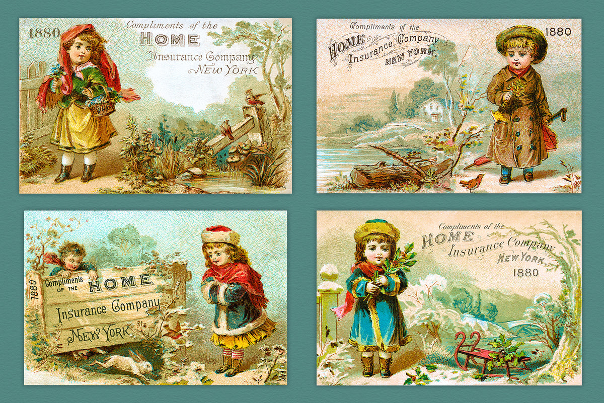 Alt text:
Four Victorian seasonal digital illustrations from 1880 featuring children in autumn and winter outdoor scenes with flowers, fallen leaves, snow, a rabbit and sled; high-resolution vintage JPEG artwork.