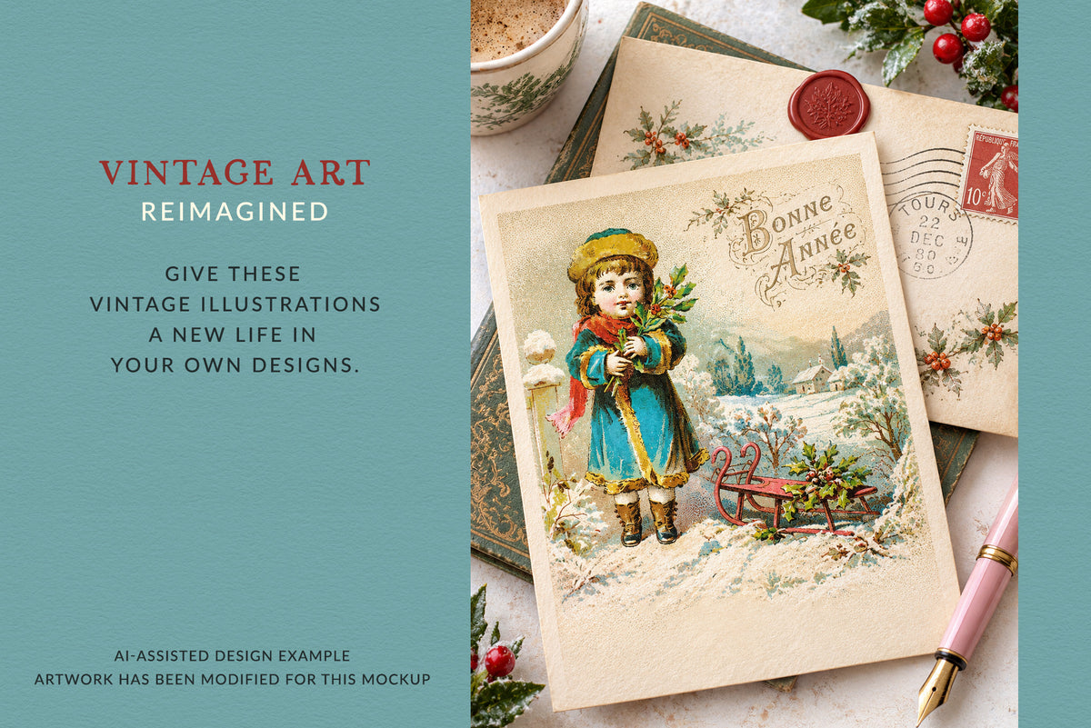 Vintage art reimagined design example featuring a Victorian winter girl illustration from Vintage Delights: The Seasons, shown in an AI-assisted French holiday stationery mockup.
