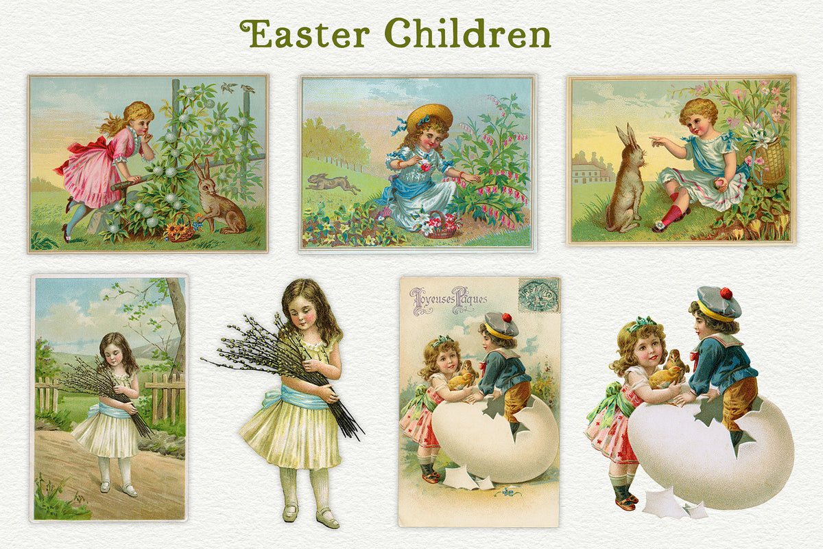 Collection of vintageEaster cards featuring children and Easter-themed illustrations.