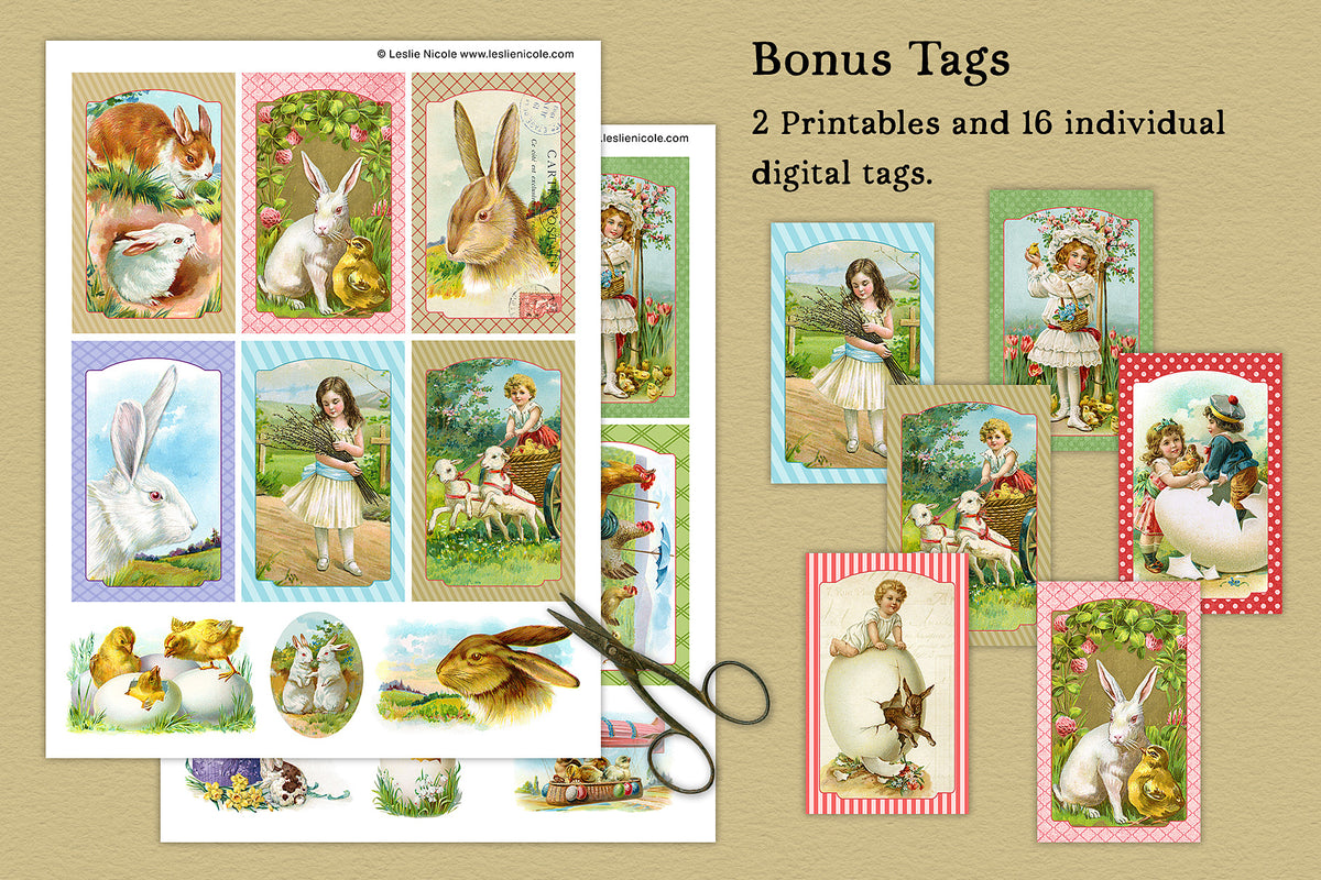 Easter vintage illustrations gift tag printables and individual digital tags.