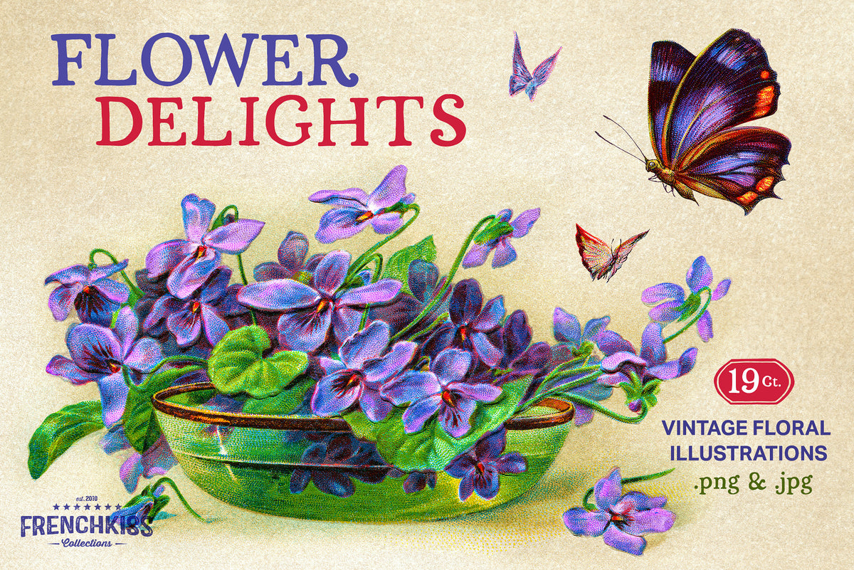 Flower Delights vintage floral illustration collection featuring a bowl of violets and butterflies.