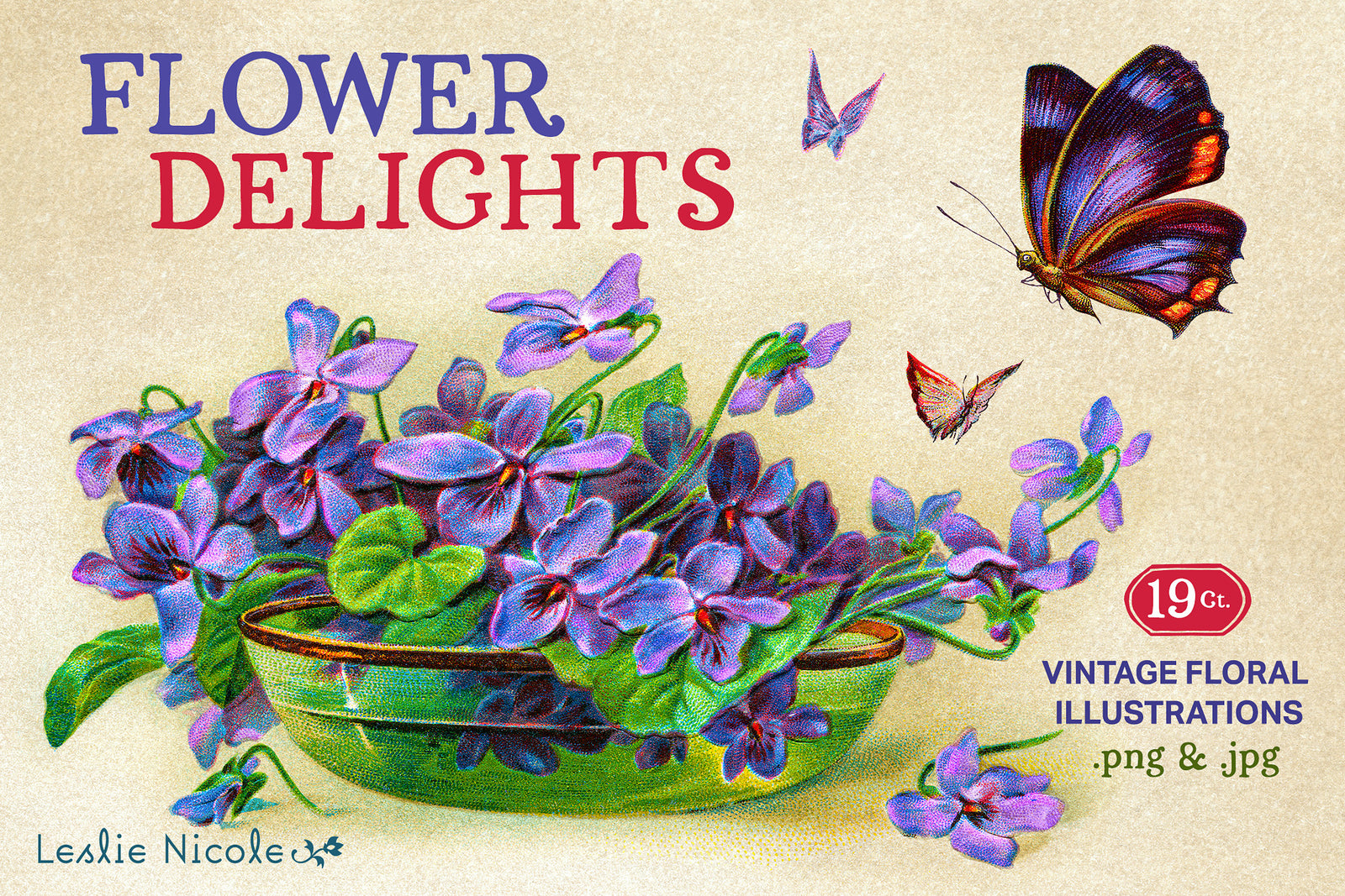Flower Delights vintage floral illustration collection featuring a bowl of violets and butterflies.