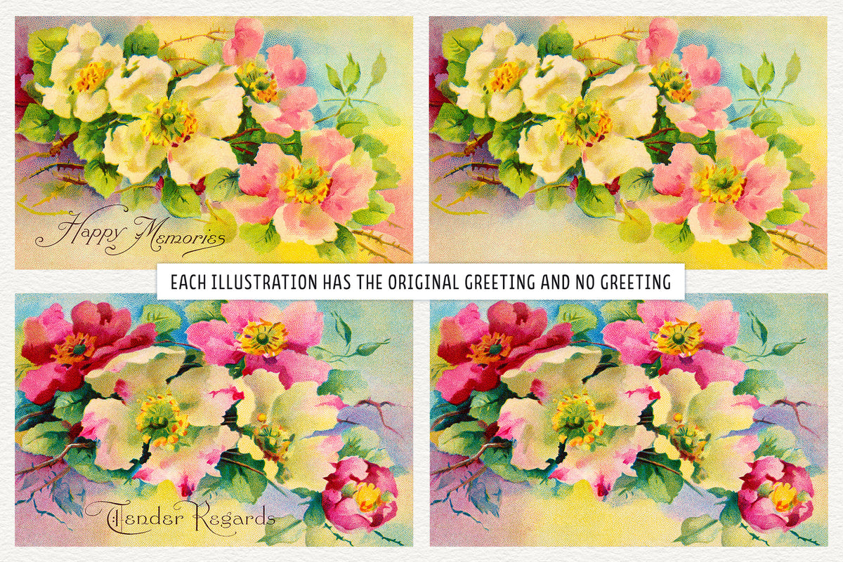 Vintage Happy Roses illustrations shown with their original greetings and in greeting-free versions.