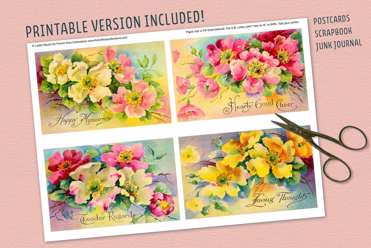 Happy Roses printable sheet featuring vintage rose illustrations with their original greetings.