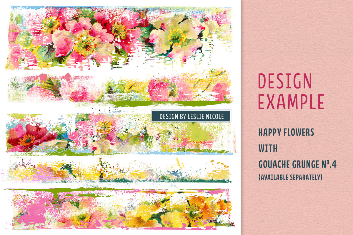 Happy Roses vintage floral illustrations combined with grunge strip masks to create a colorful contemporary design example.