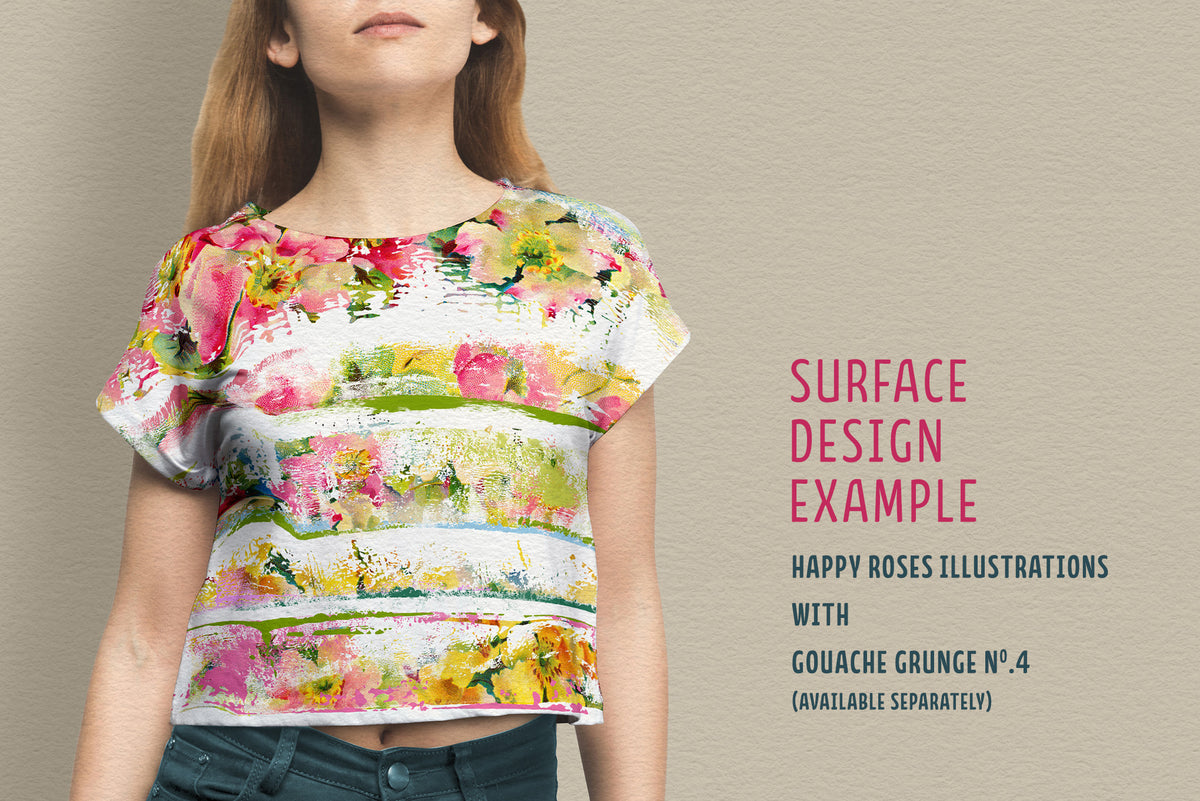 Happy Roses floral design shown on a crop-top T-shirt mockup worn by a wom