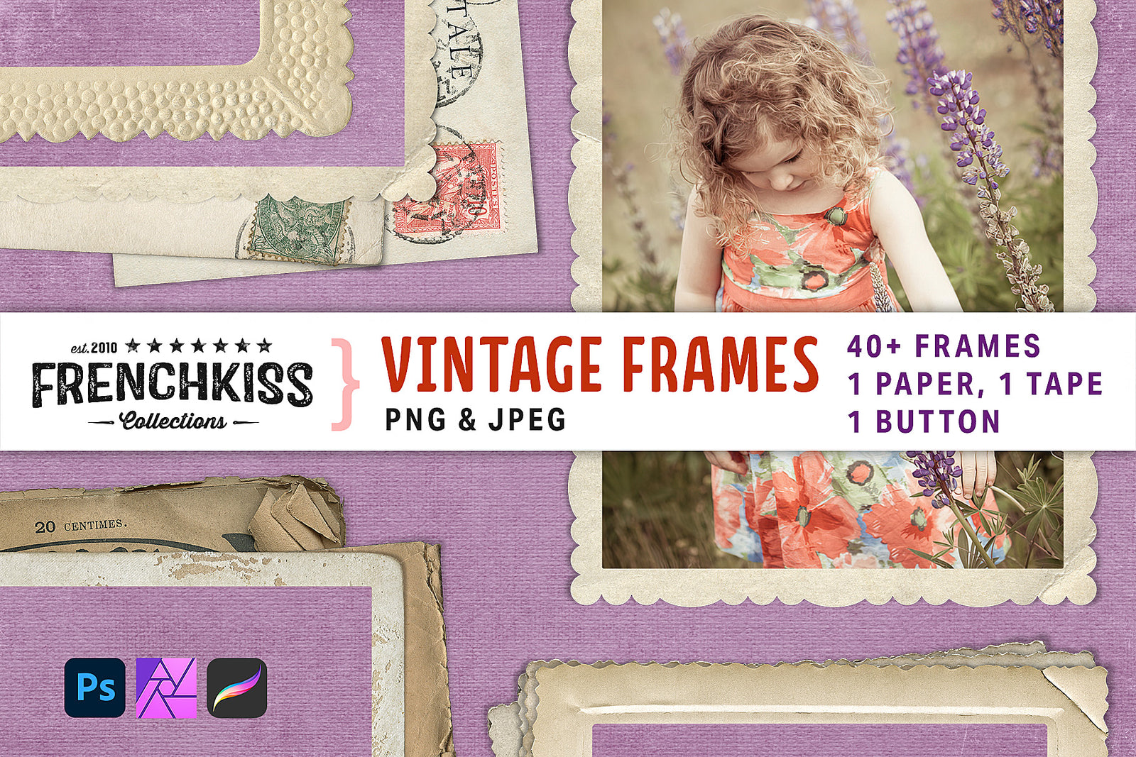 Vintage digital frames for photography, scrapbooking, and design. Over 40 shabby vintage frames in an array of styles.