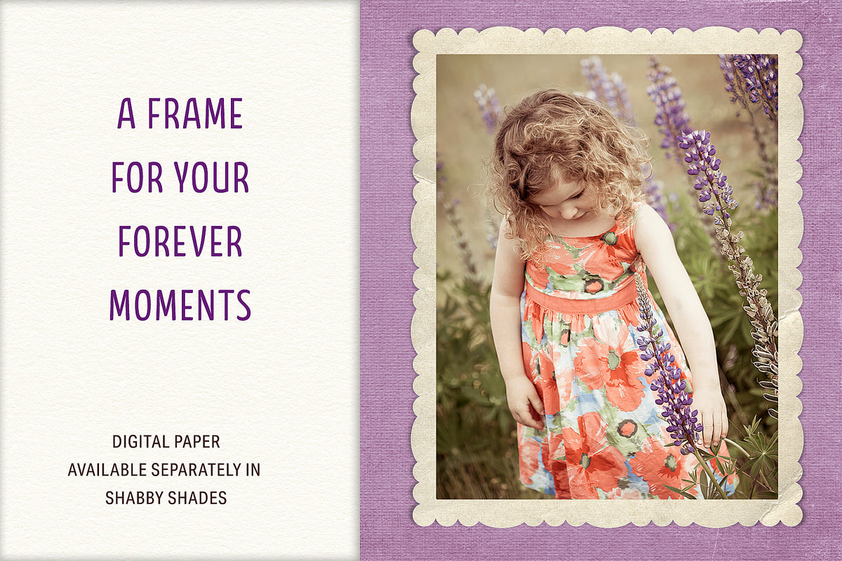 Photo of a young girl picking flowers presented in a vintage, scalloped digital frame over a digital paper. 