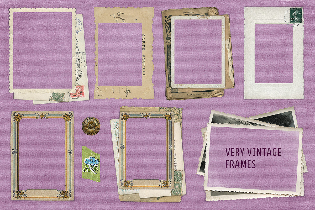 Digital frames from vintage elements such as vintage French postcards, and vintage ephemera.