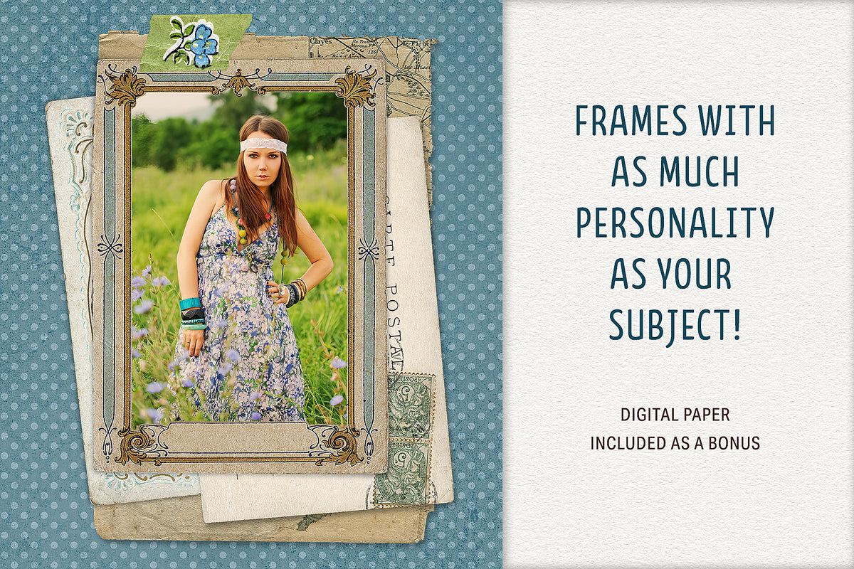 A digital vintage frame made of stacked ephemera and a jaunty digital tape strip. Against a bonus digital paper of grunge polka dots.
