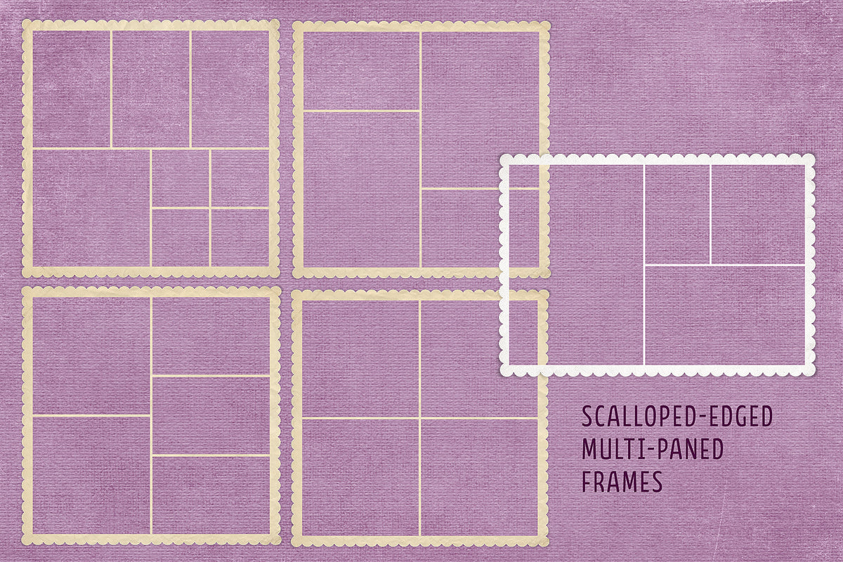 Scallop-edged, multi-paned digital frames. 